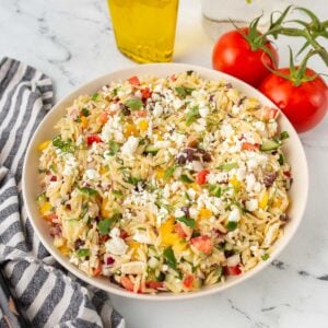 Greek orzo pasta salad in a large bowl.