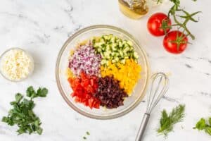 Chopped veggies in a bowl.