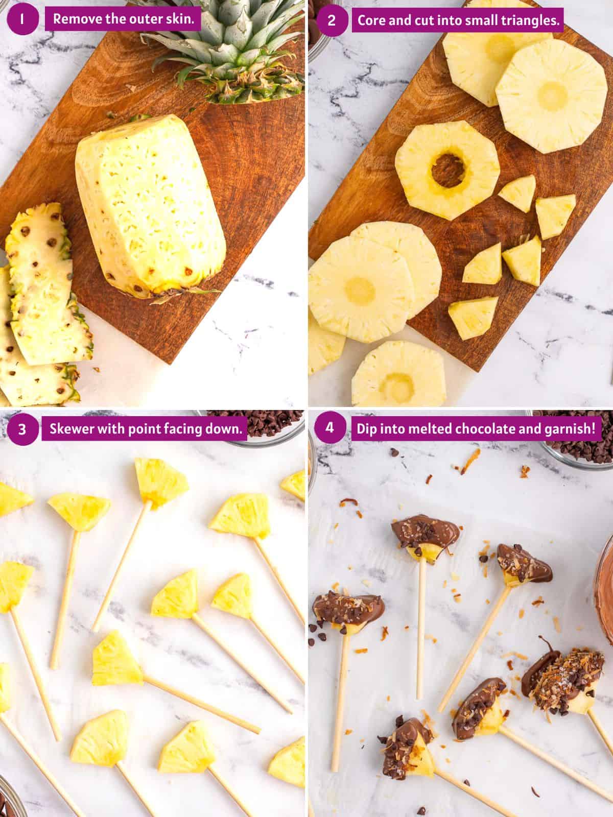 Steps showing how to cut pineapple, skewer and dip melted chocolate.