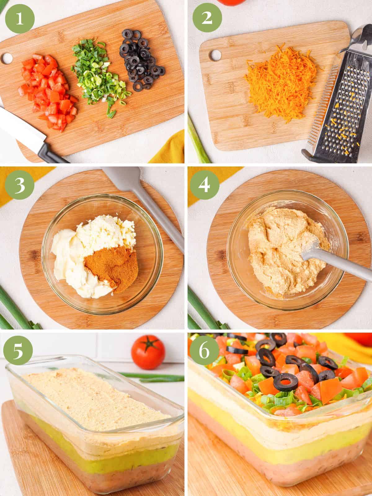 Step by step photos of how to layer a 7 layer taco dip.