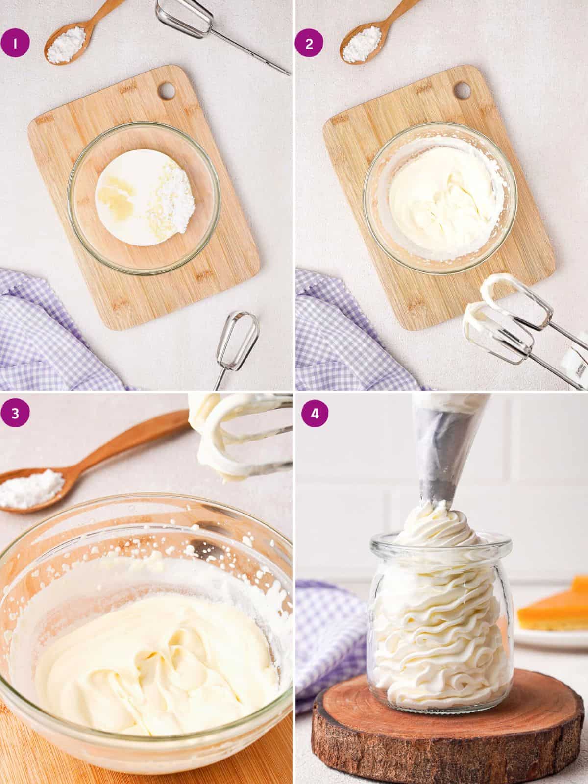 Steps showing how to make a bourbon infused whipped cream.