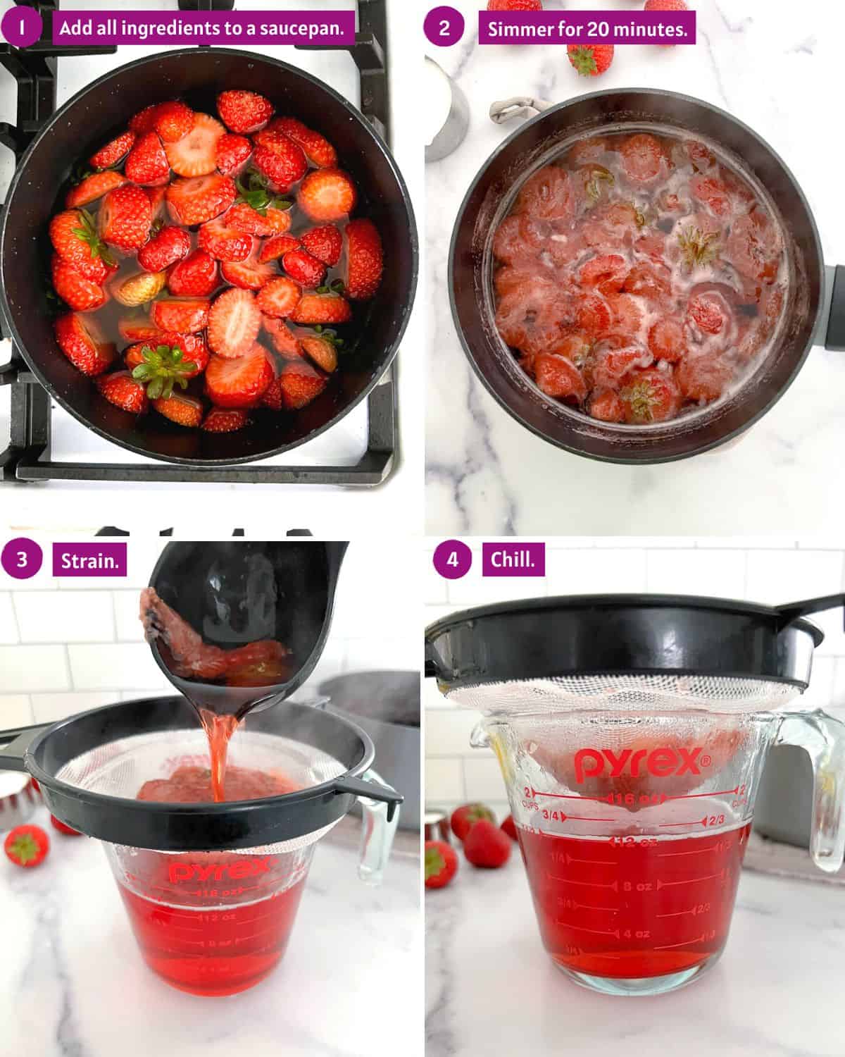 Steps showing how to make strawberry simple syrup.
