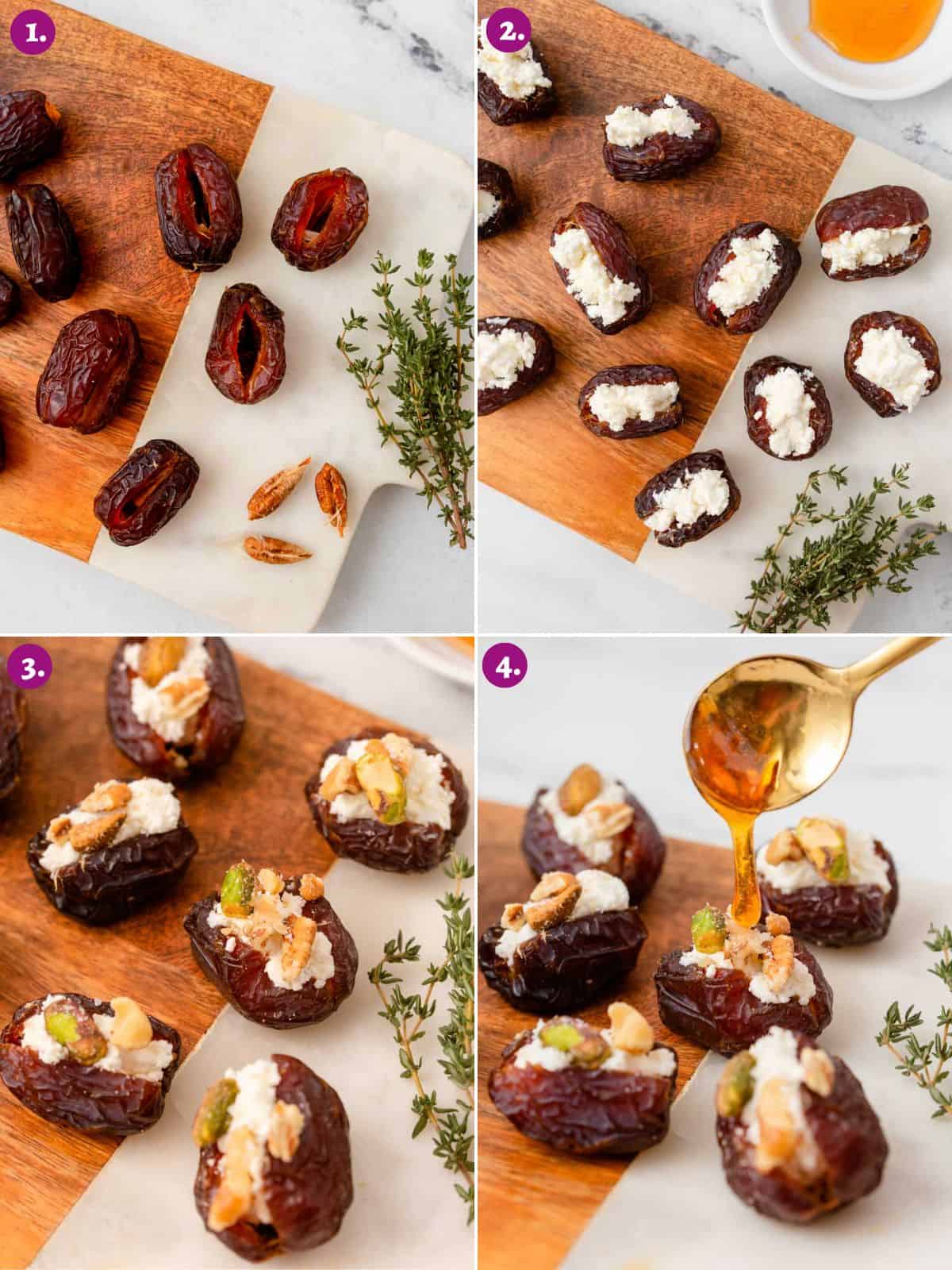 Images showing how to cut, stuff and prepare stuffed dates with goat cheese.