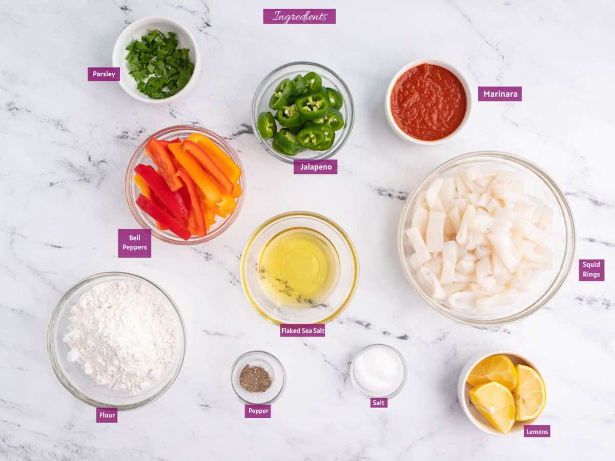 Ingredients to make fried calamari.