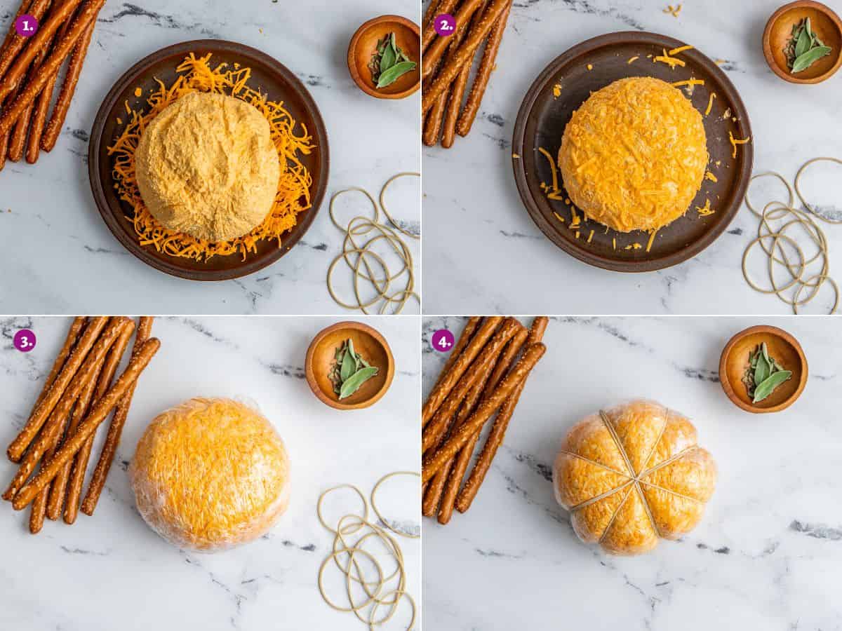 Steps showing how to shape a cheese ball into a pumpkin using saran wrap and rubber bands.