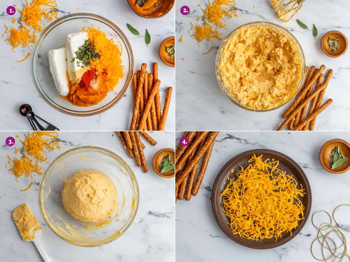 Steps for how to make a pumpkin shaped cheese ball.