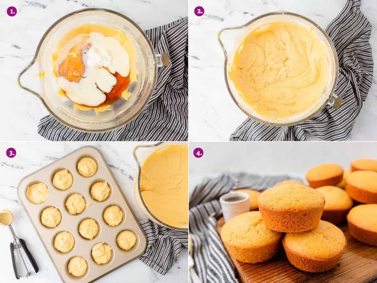 Steps showing how to make mini cornbread muffins.