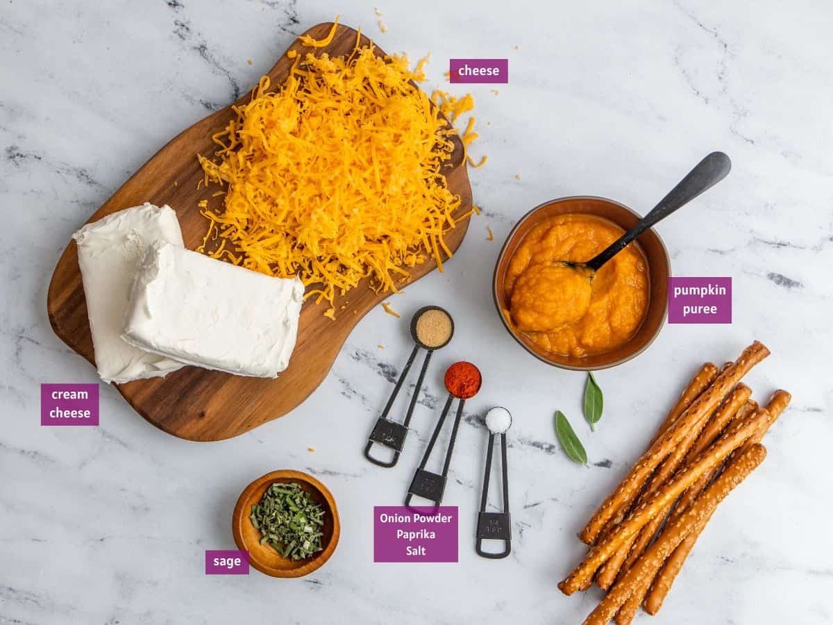 Pumpkin cheese ball ingredients.