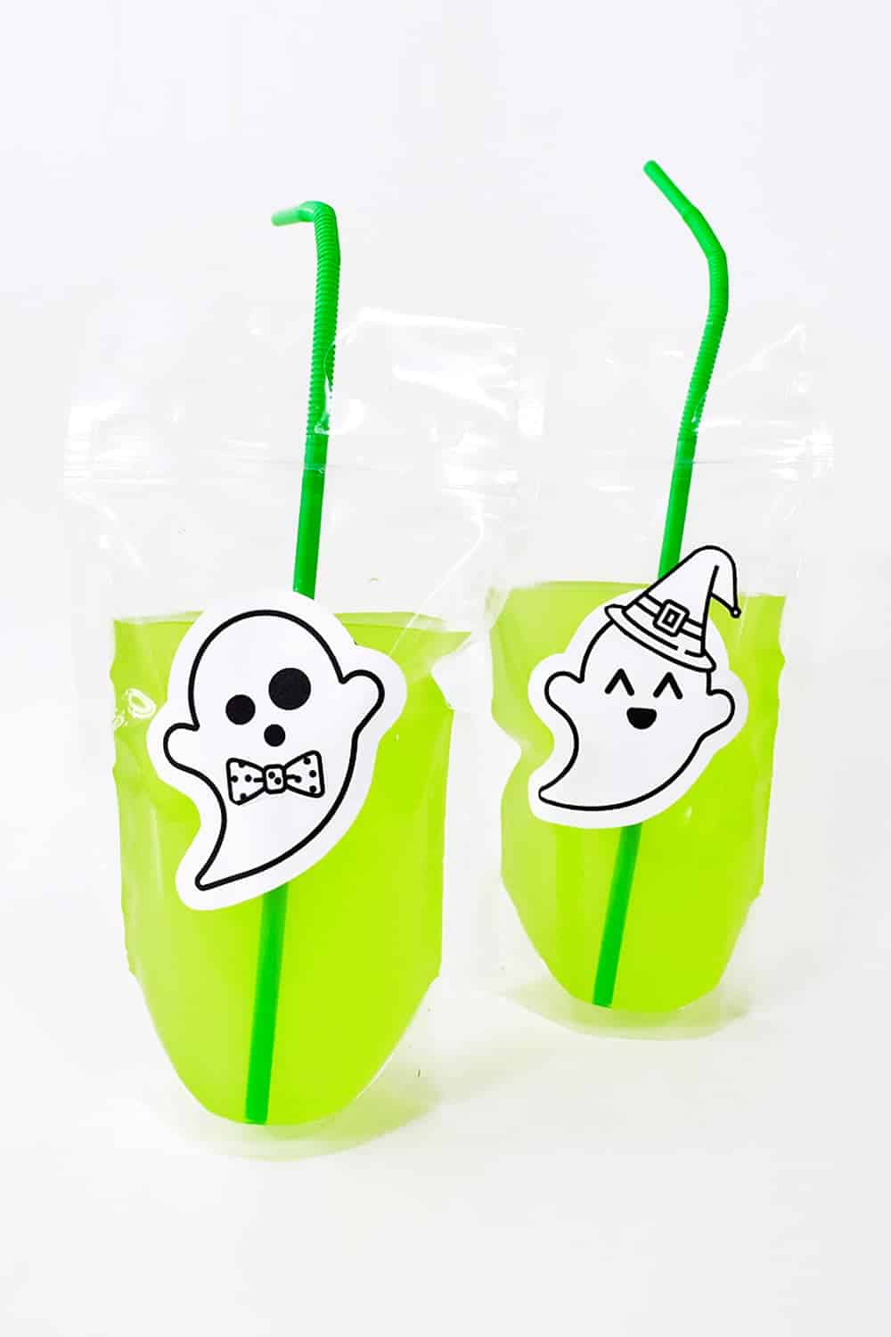 Green drink in a punch with ghost sticker.