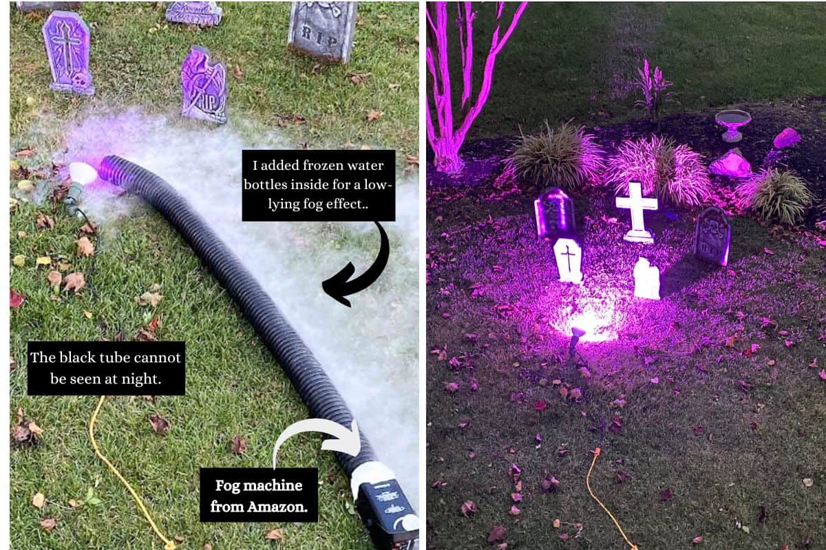 Graveyard outside with puple spotlight and fog machine.