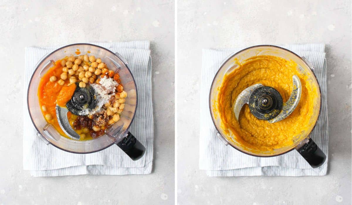 Pumpkin hummus in food processor.