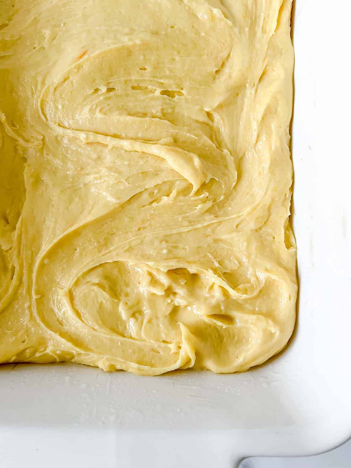 Ugly cake before baking with pudding cream cheese layer.