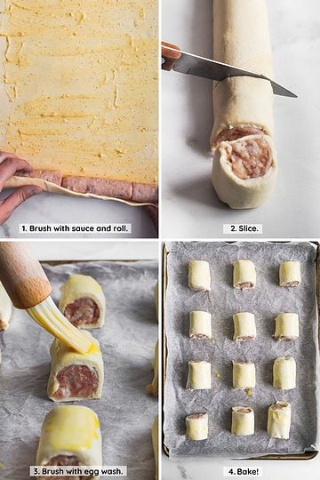 Process of making puff pastry pigs.