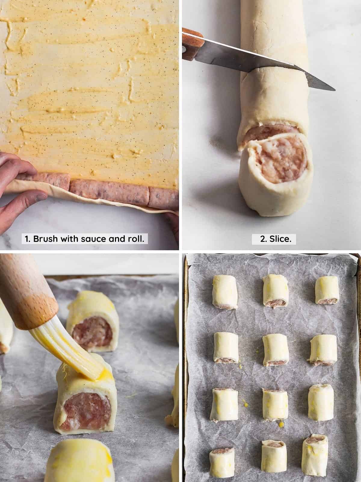 Showing how to roll and cut puff pastry to make pigs in a blanket.