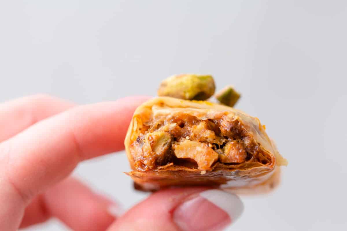 Close up of baklava roll ups.