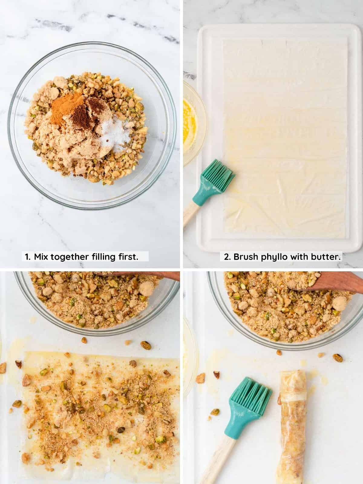 Steps showing how to make baklava rolls.