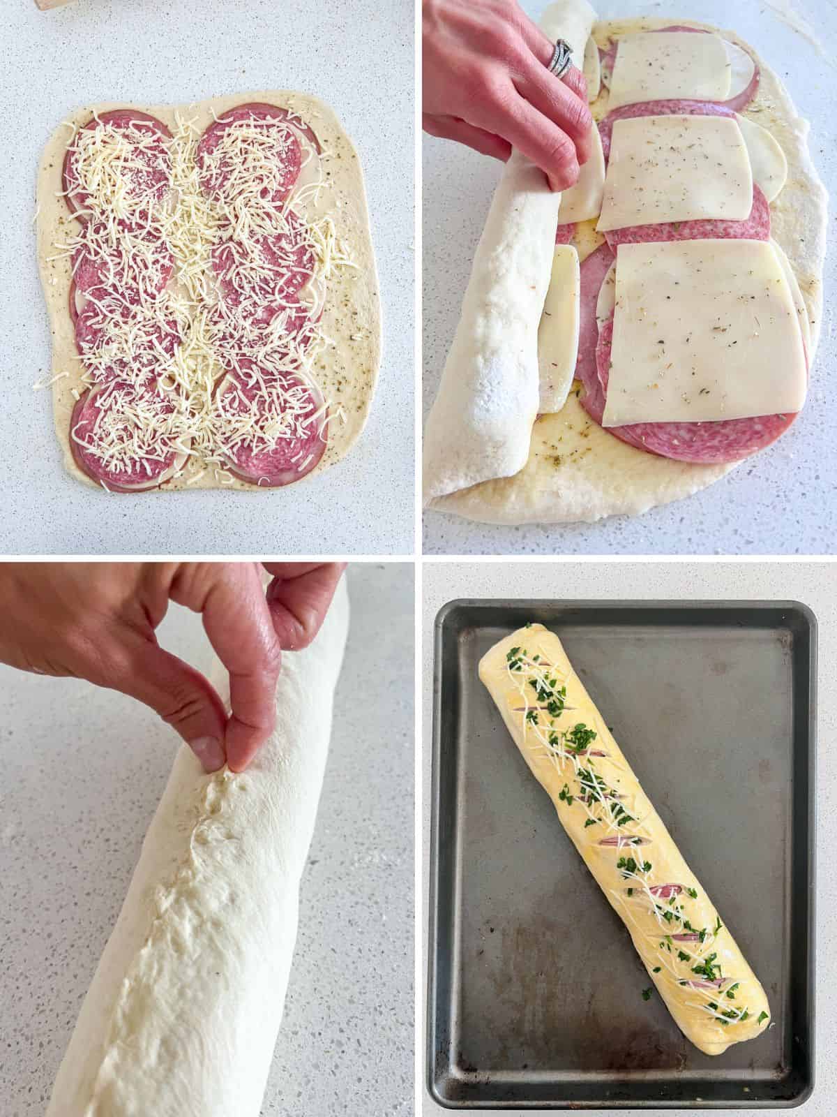 Steps showing how to stuff and roll a stromboli.