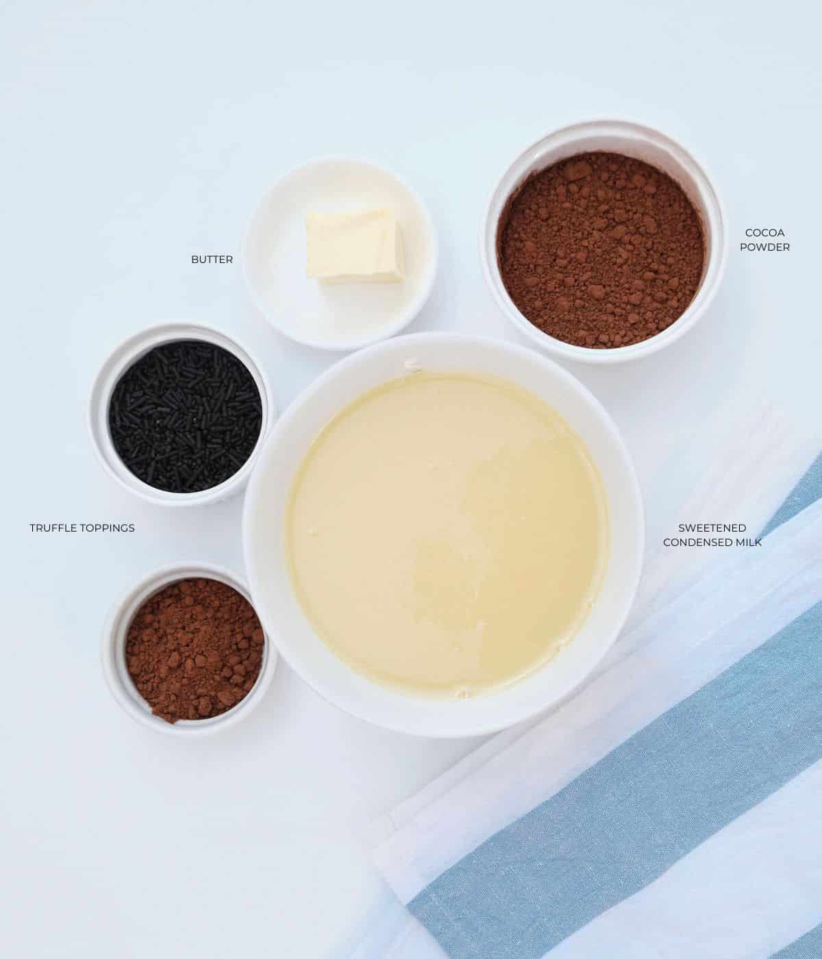 Ingredients for chocolate truffles with condensed milk.