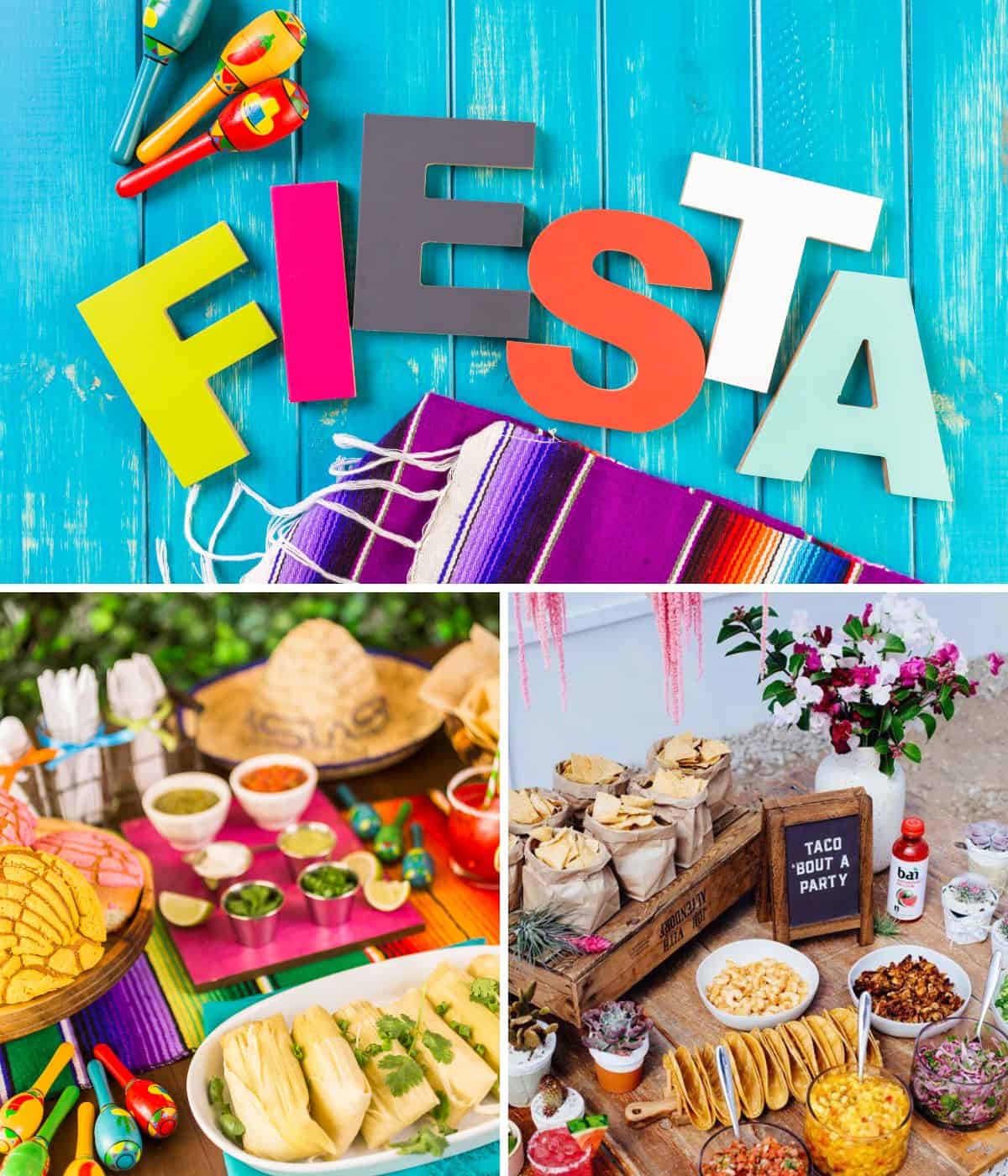 Mexican fiesta party theme with taco bar and decorations.