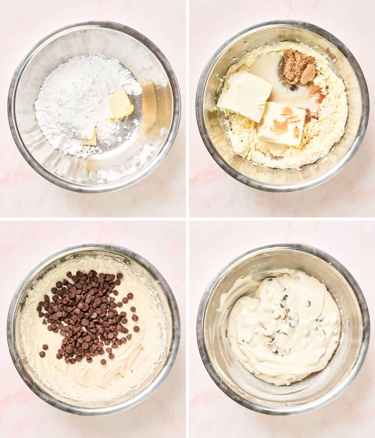 Steps showing how to mix together milk and cookies dip.