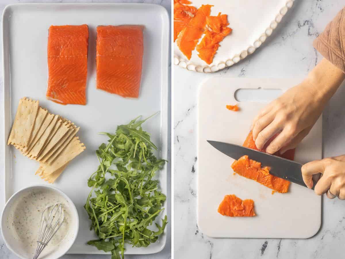 Cutting smoked salmon thinly.