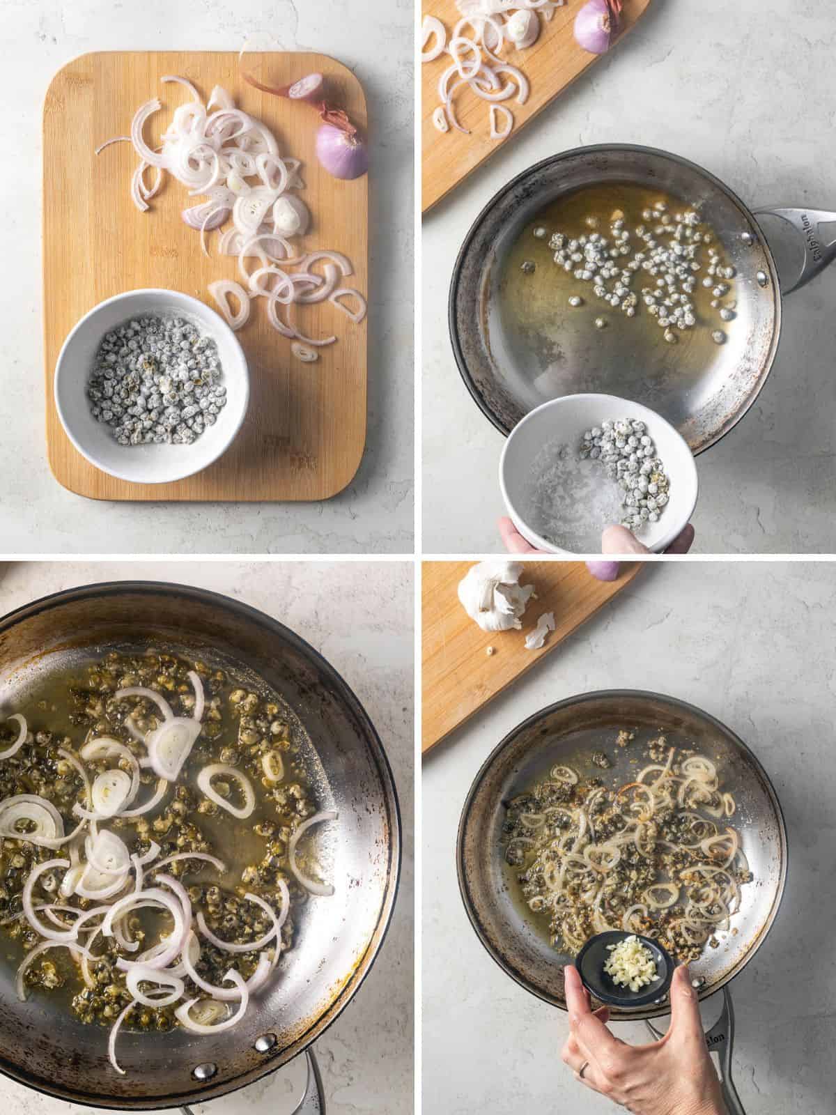 Sauteeing onions and capers in oil.