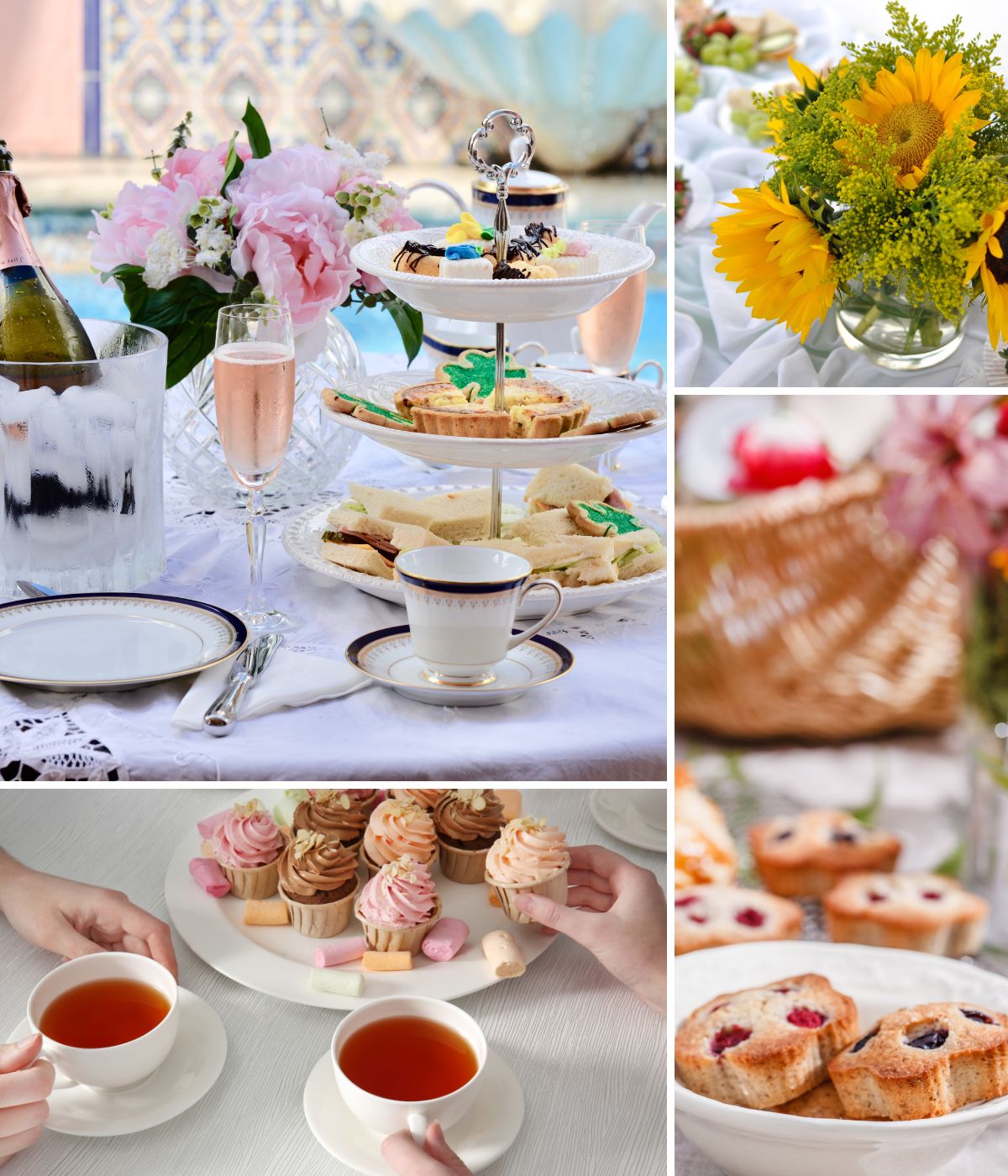 Tea party ideas with food and desserts on the table.