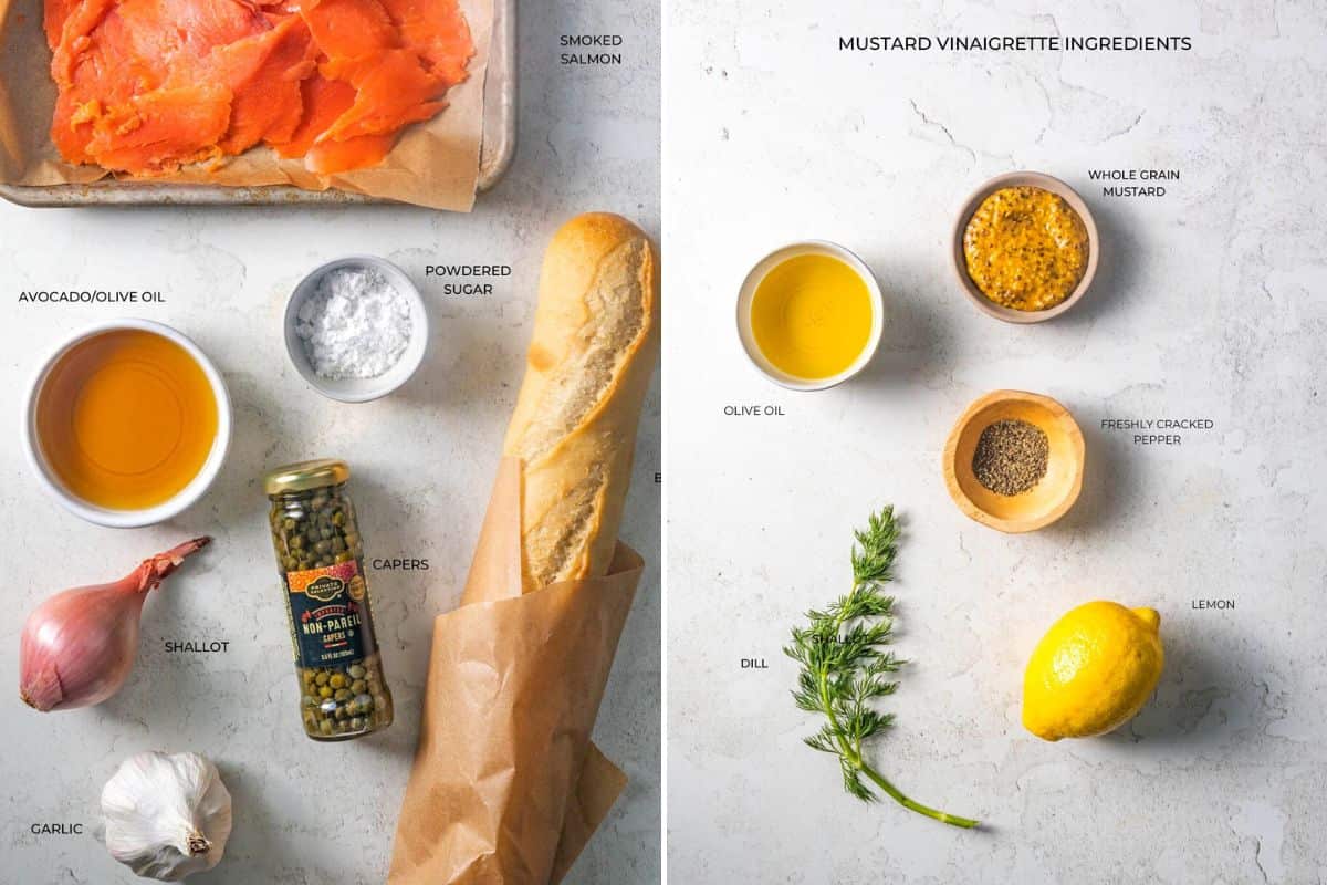 Ingredients to make smoked salmon crostini.