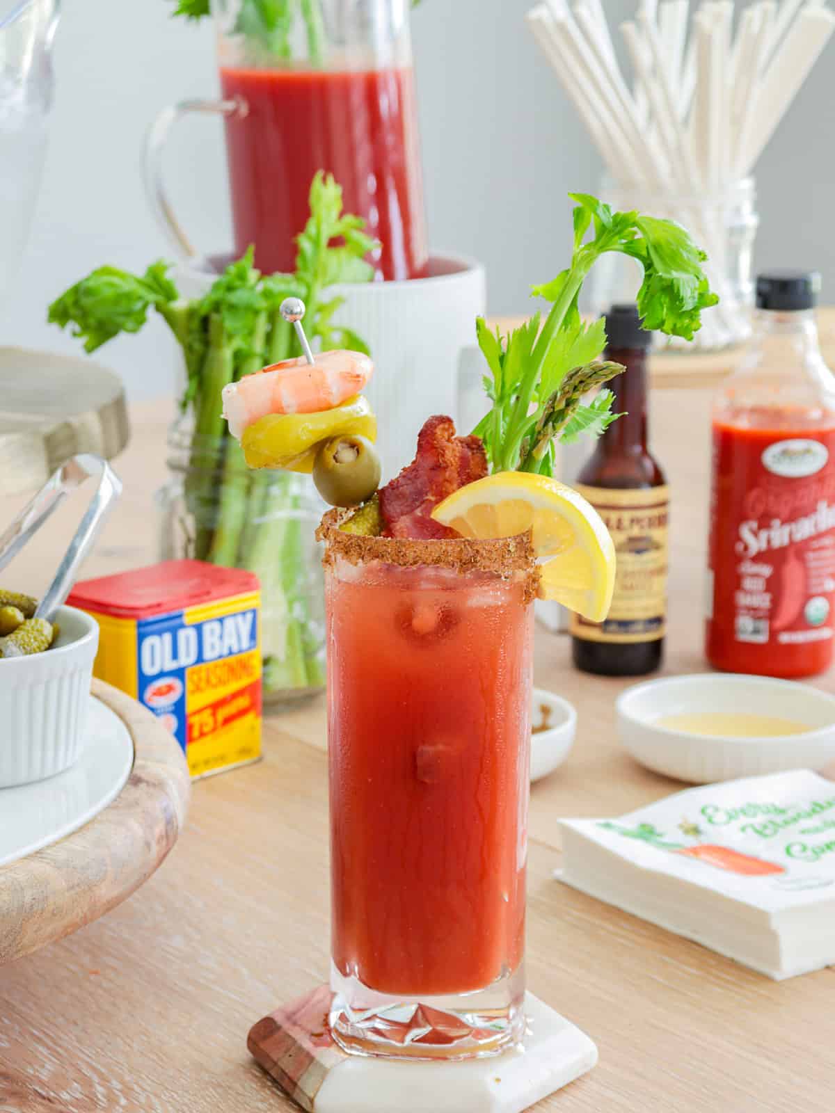 At home bloody mary bar with garnishes.