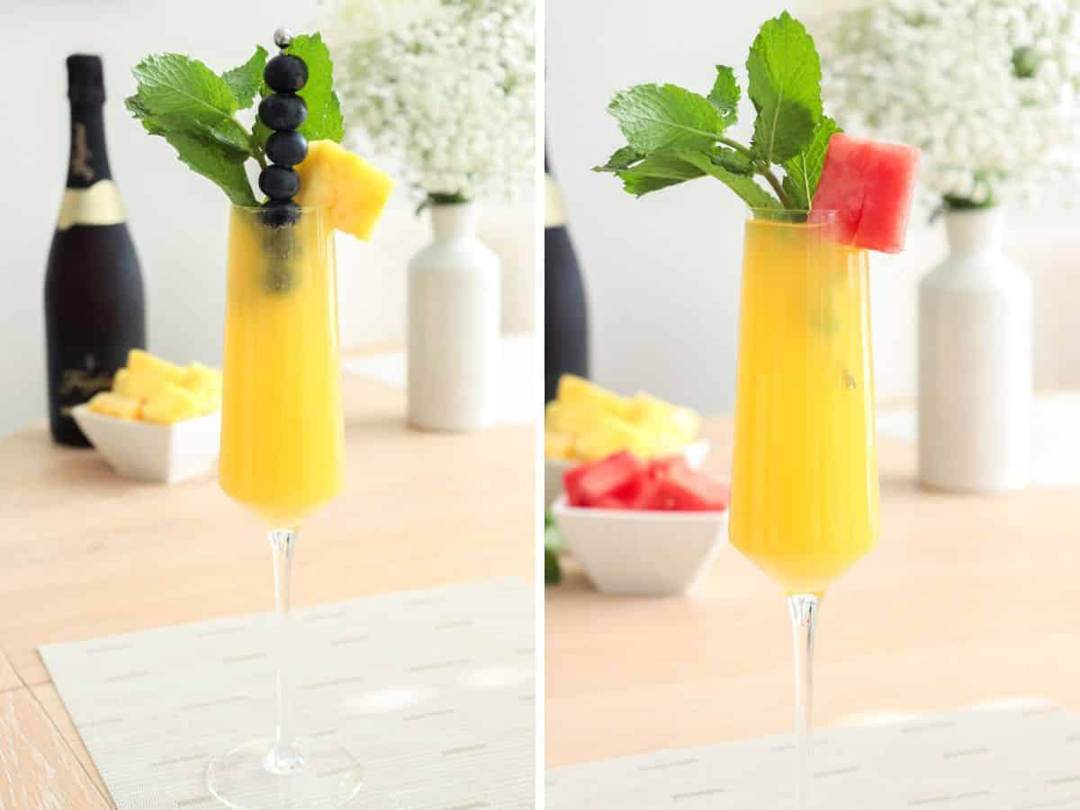 Garnishing mimosa with fruit.