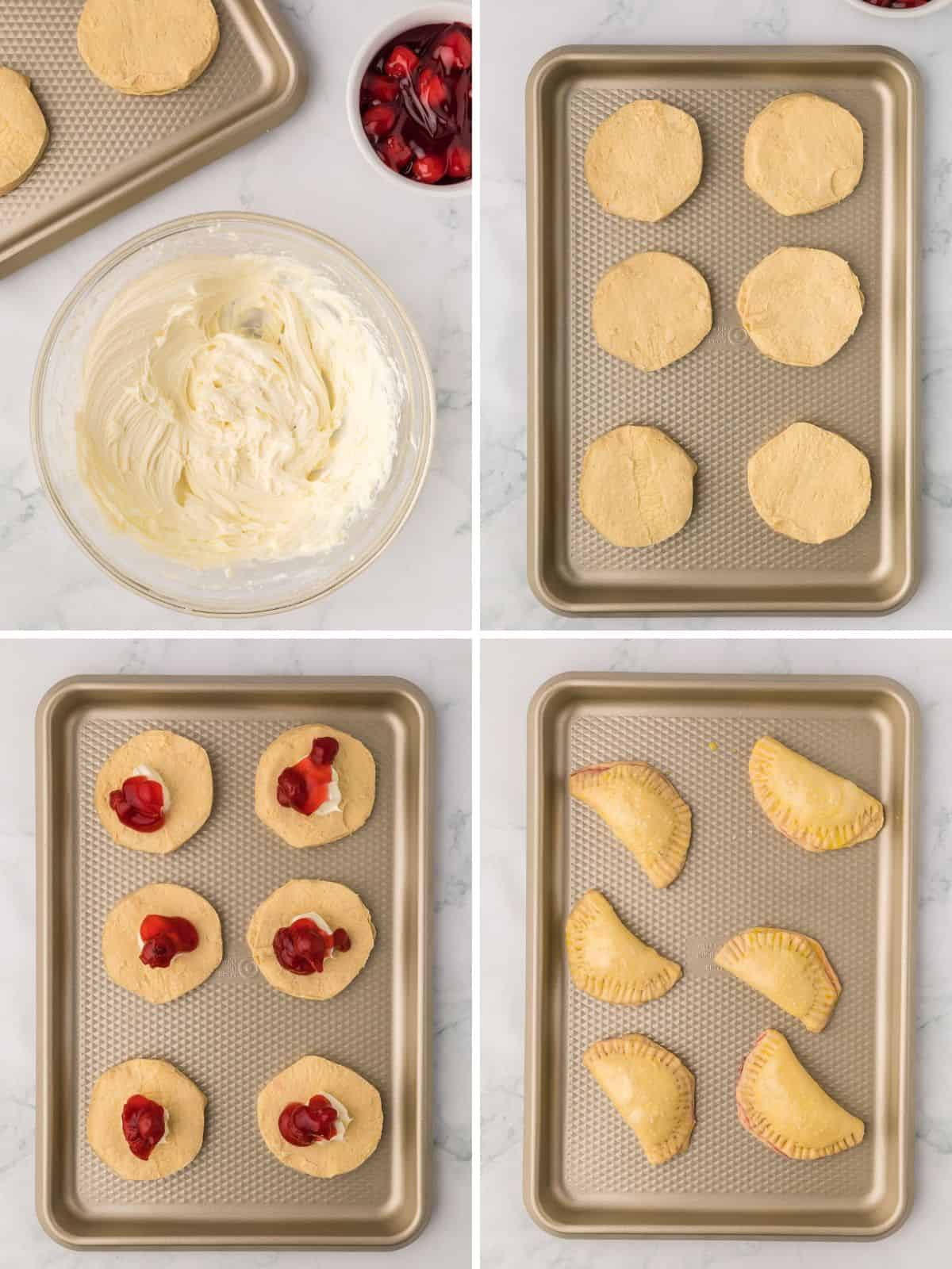 Steps on how to fill and fold dessert empanadas.