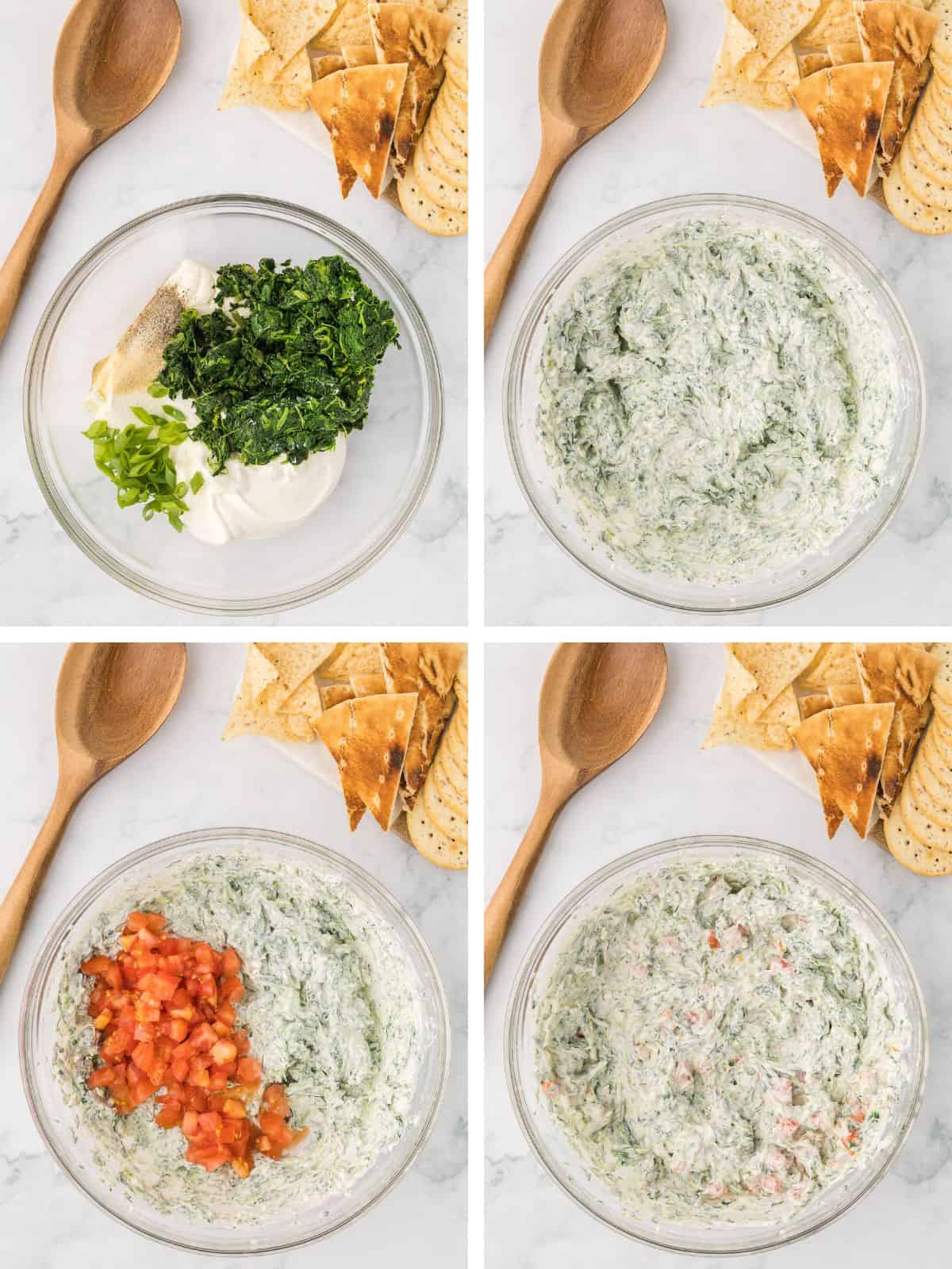 Steps to make a cream cheese spinach dip.