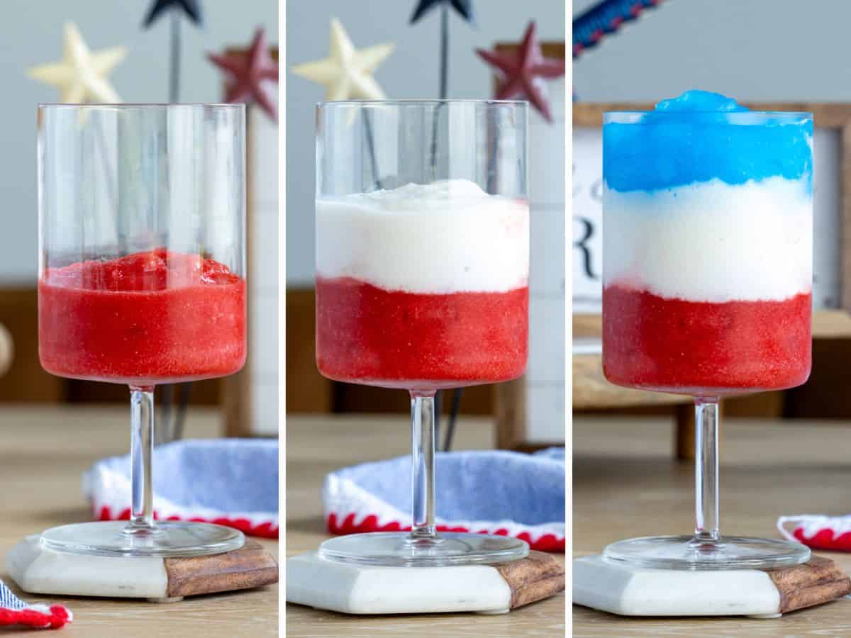 Showing how to layer the red, white and blue layers of the drink.