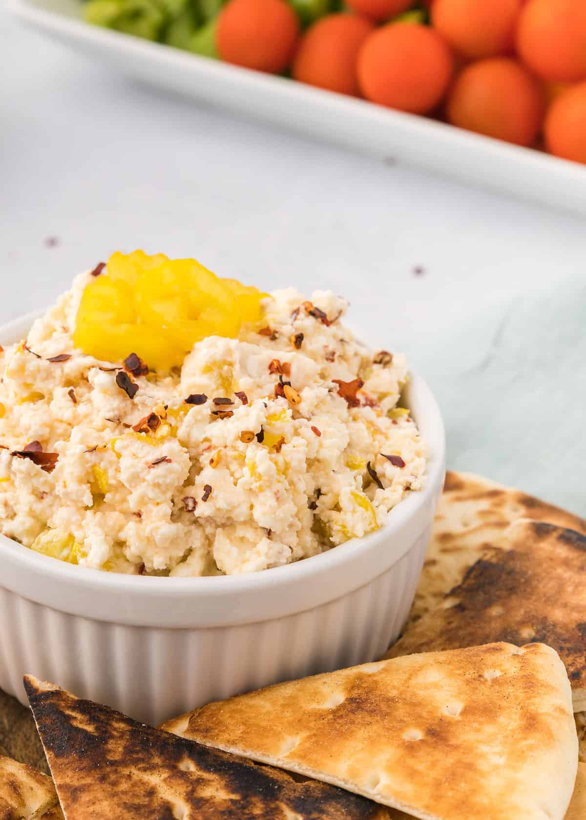 Spicy feta cheese spread in a bowl.