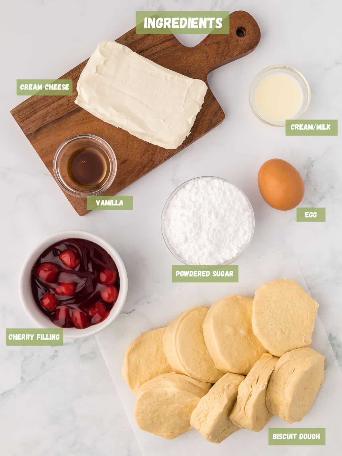 Ingredients to make cherry dessert empanadas.