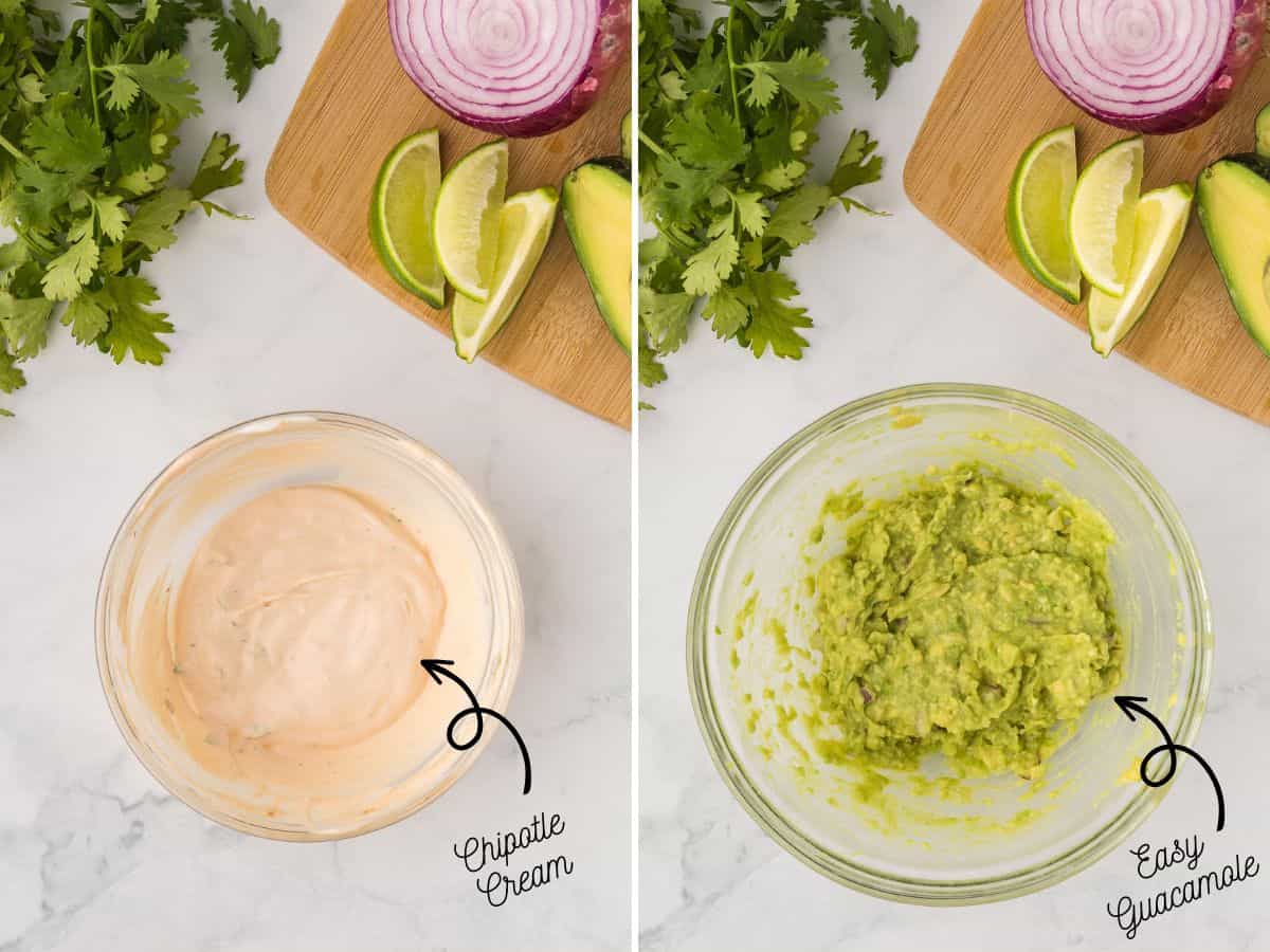 Two bowls of sour cream and guacamole.