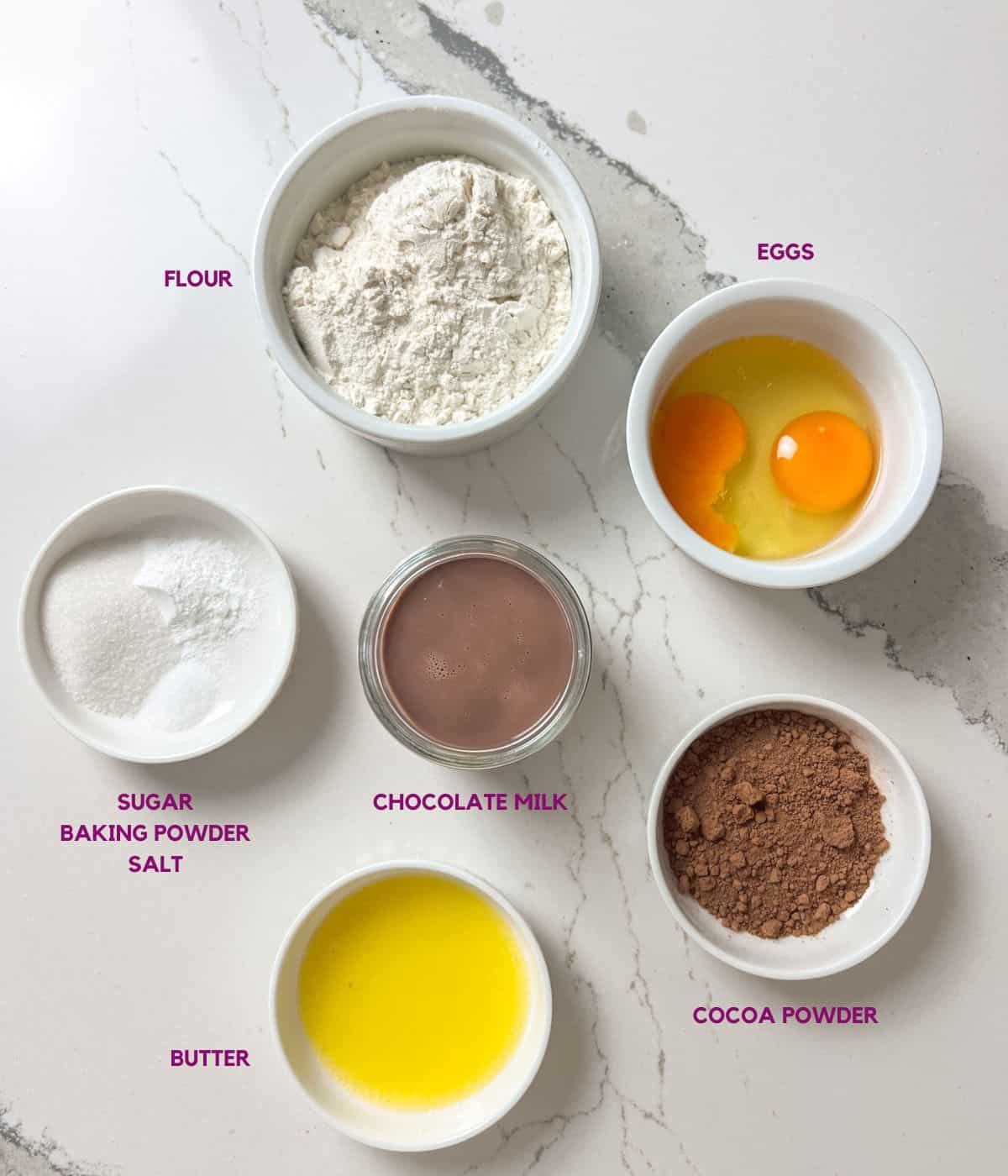 Ingredients to make chocolate milk pancakes.