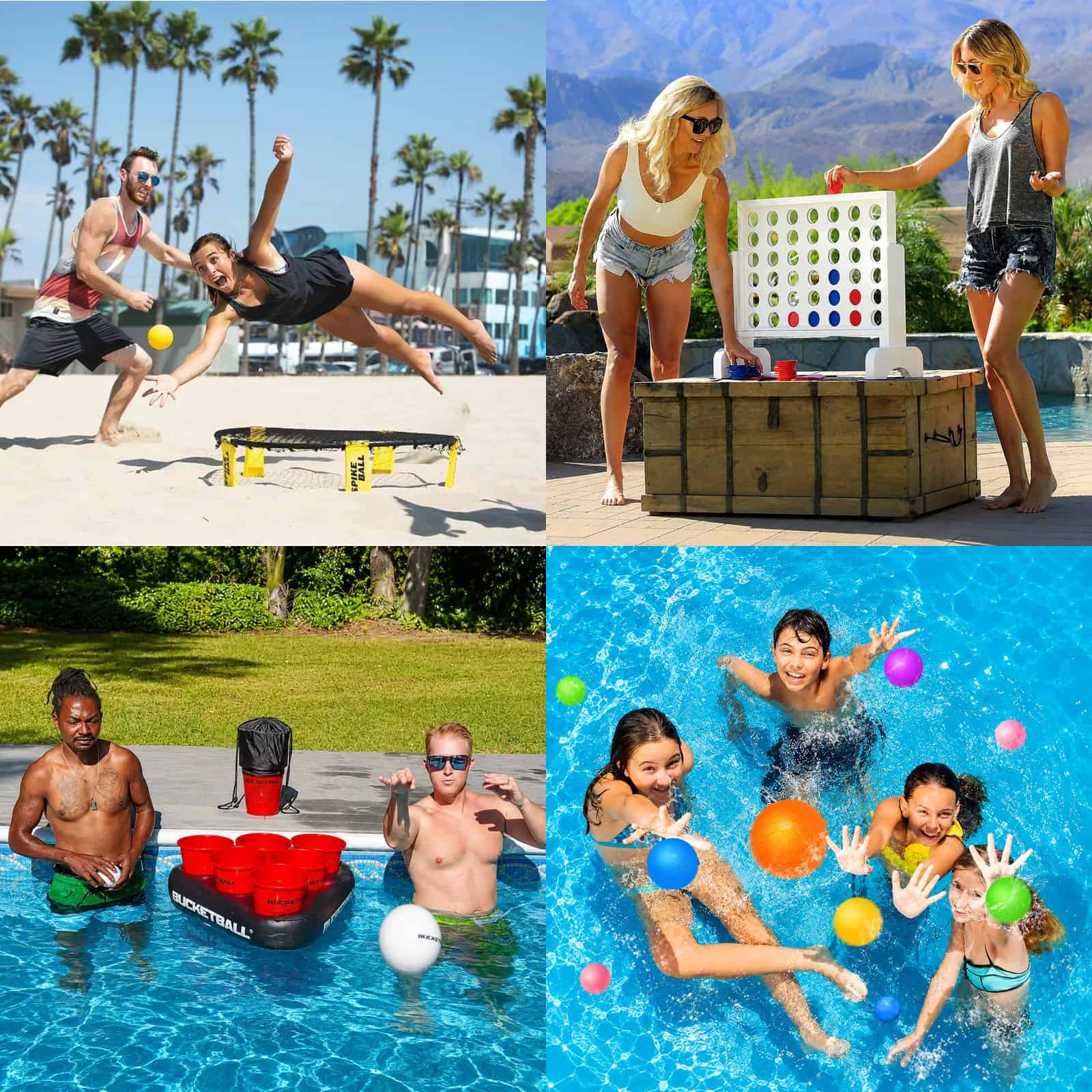 Collage featuring Spikeball, Giant 4 in a Row, Giant Yard Pong, and kids playing with reusable water balloons at a summer pool party.