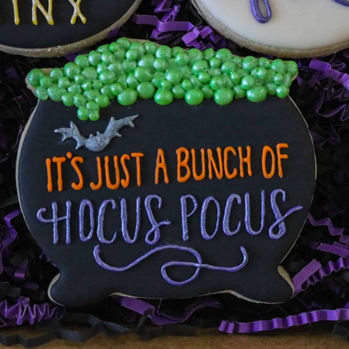 Cookie with hocus pocus written on a cauldron.