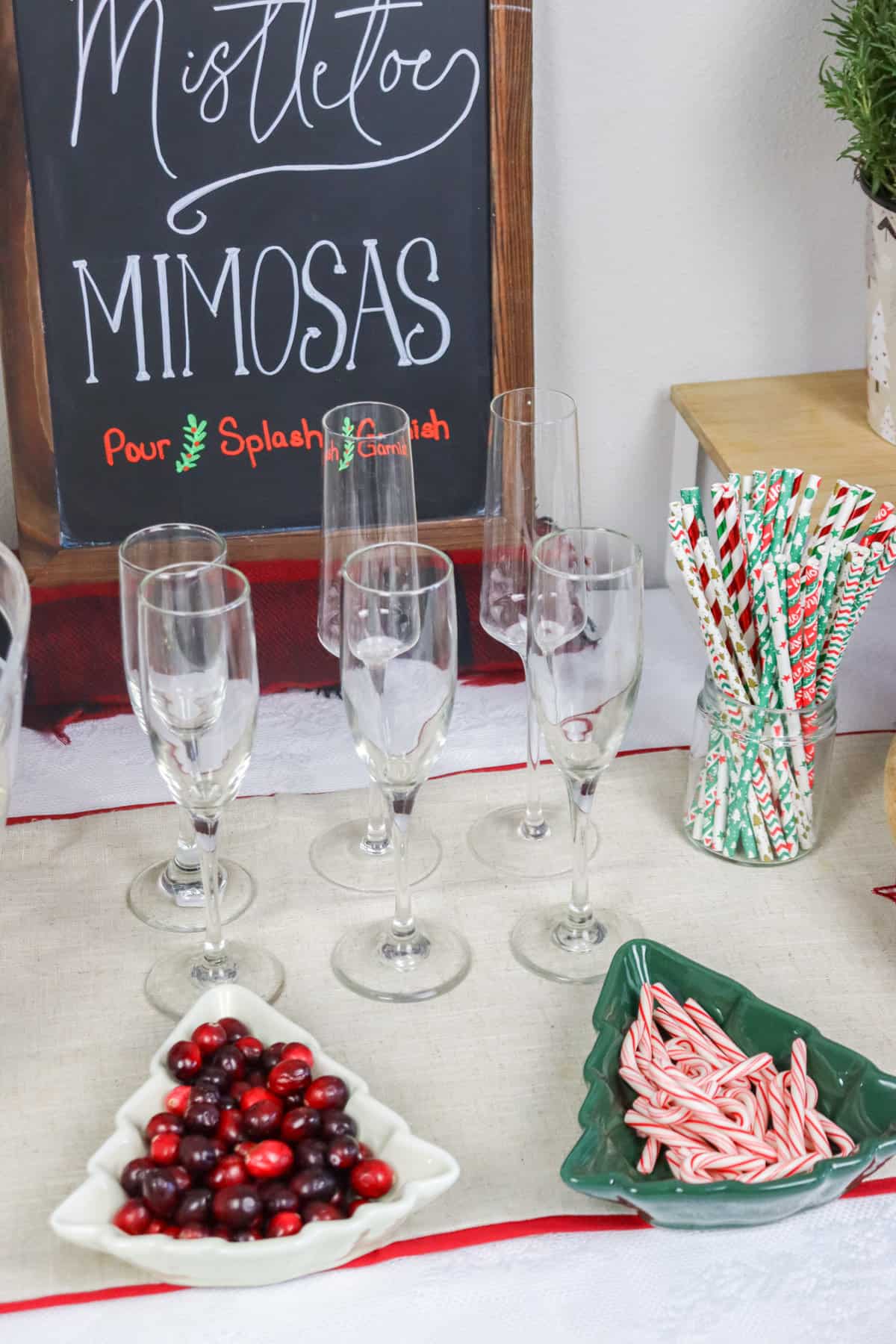 Mimosa bar with candy canes and cranberries on table.