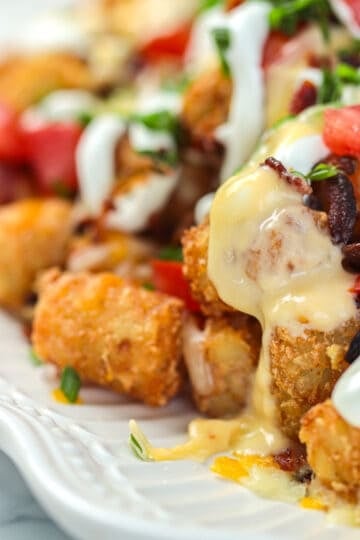 Tater tots with toppings and cheese.