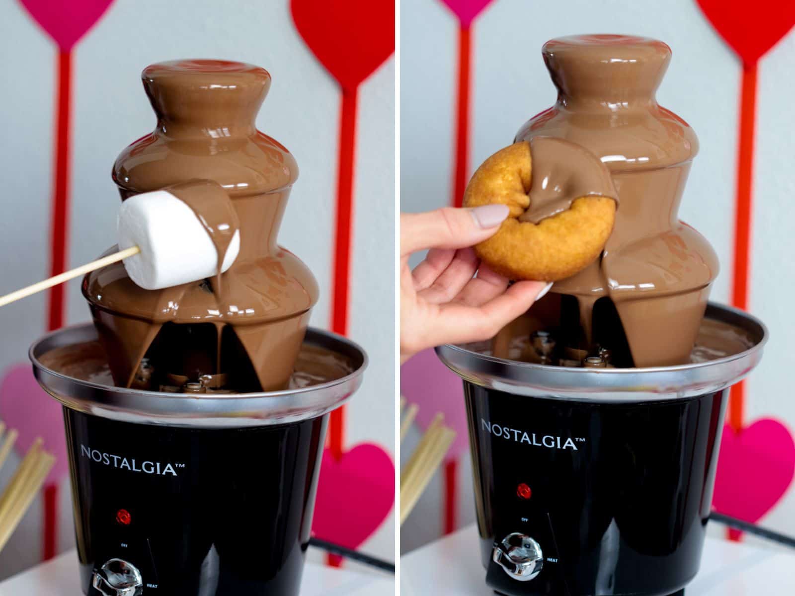 Chocolate fountain with a donut and marshmallow being coated.