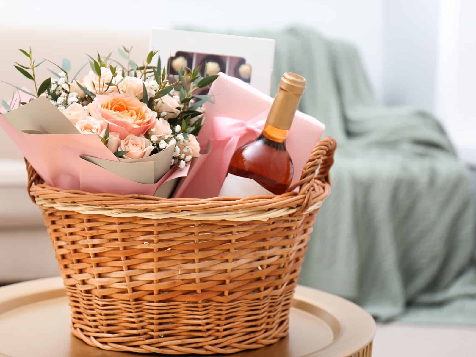 Wicker gift basket with wine, roses, and chocolates.