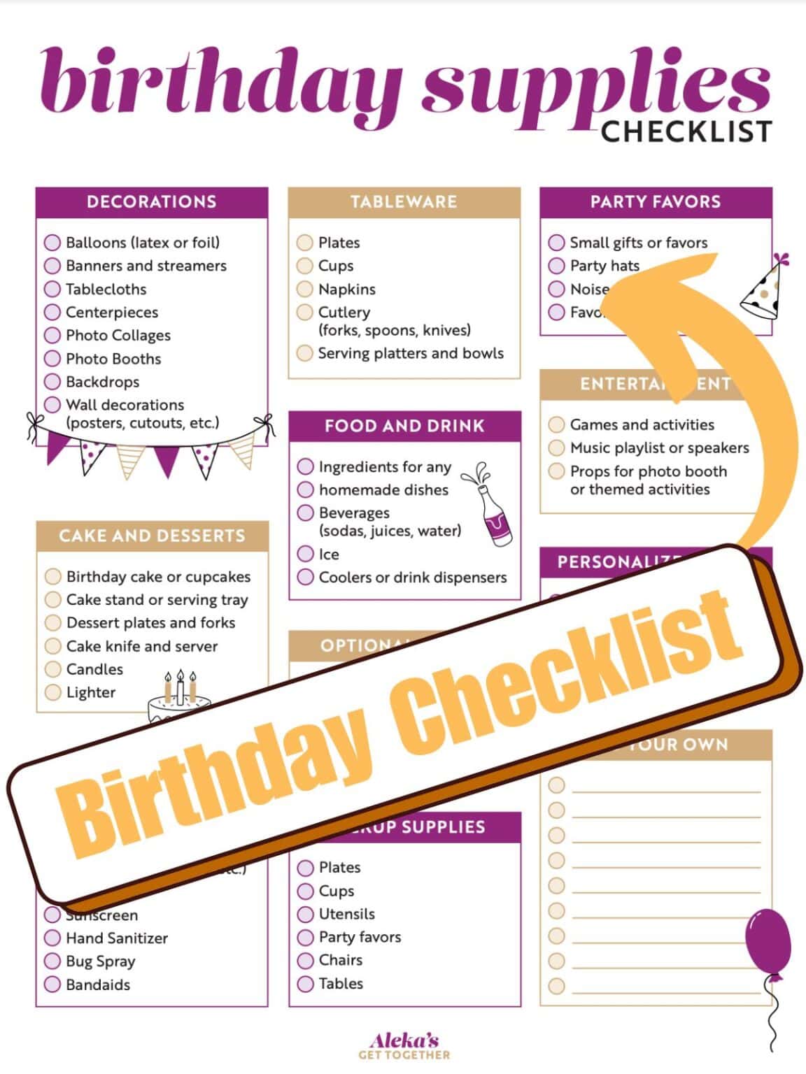 Birthday Party Supplies CheckList Aleka's GetTogether
