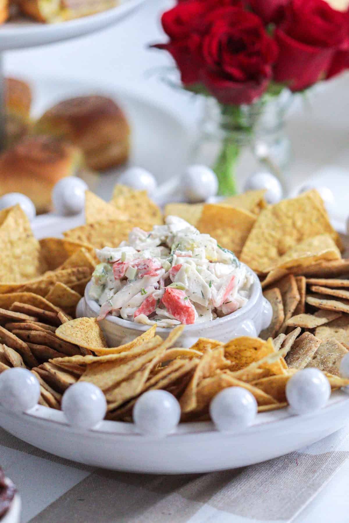 Imitation krab dip in bowl.