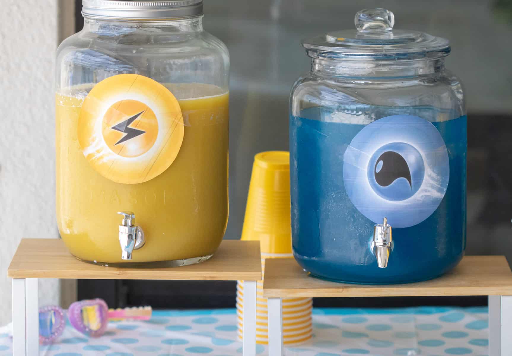 Yellow and blue drink dispensers for Pokemon party