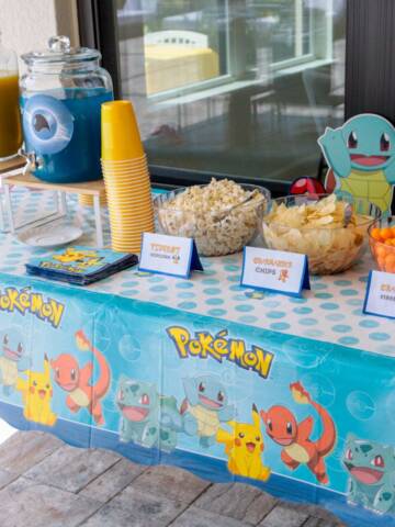 Pokemon party table with snacks.