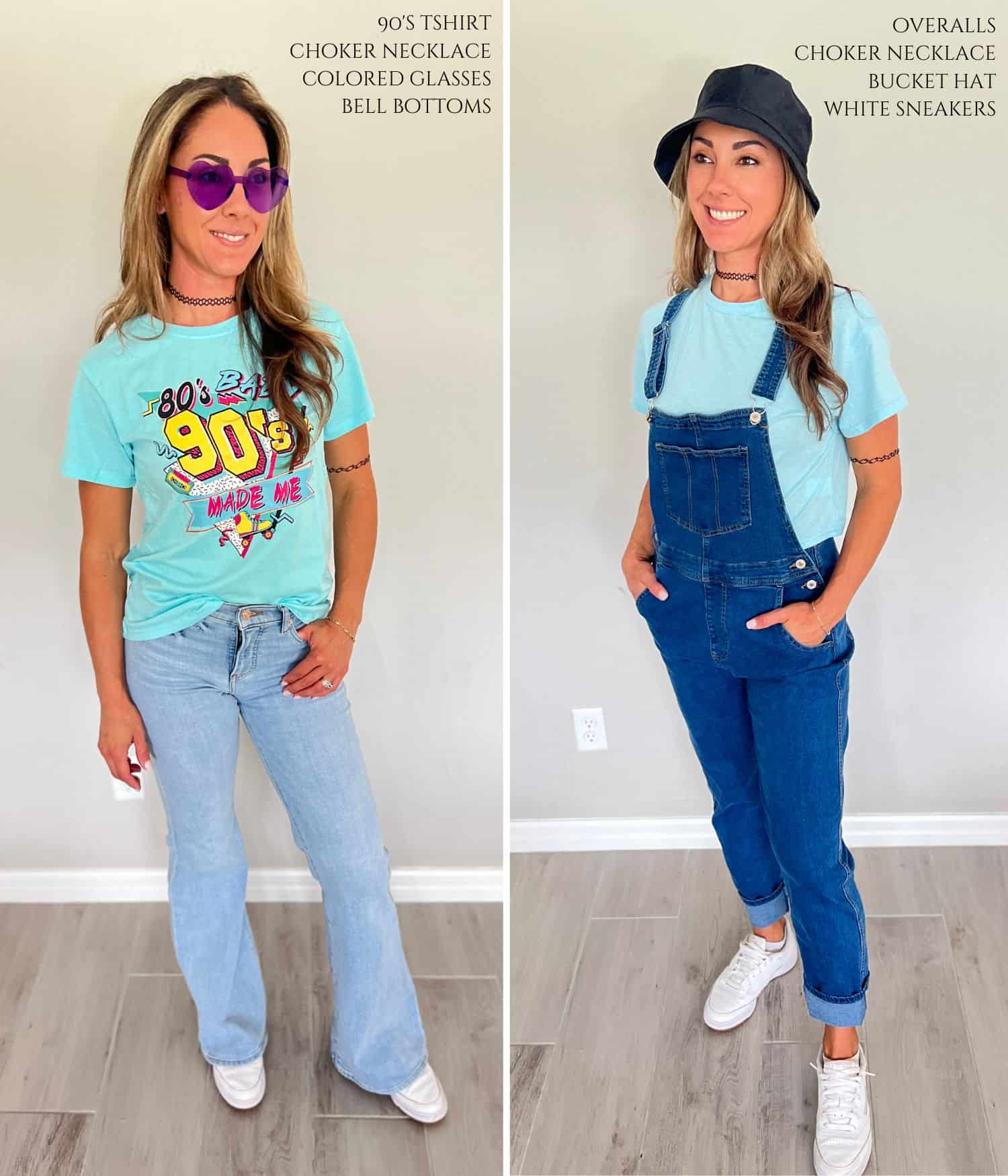 Aleka wearing a blue tshirt and jeans or overalls with a bucket hat.