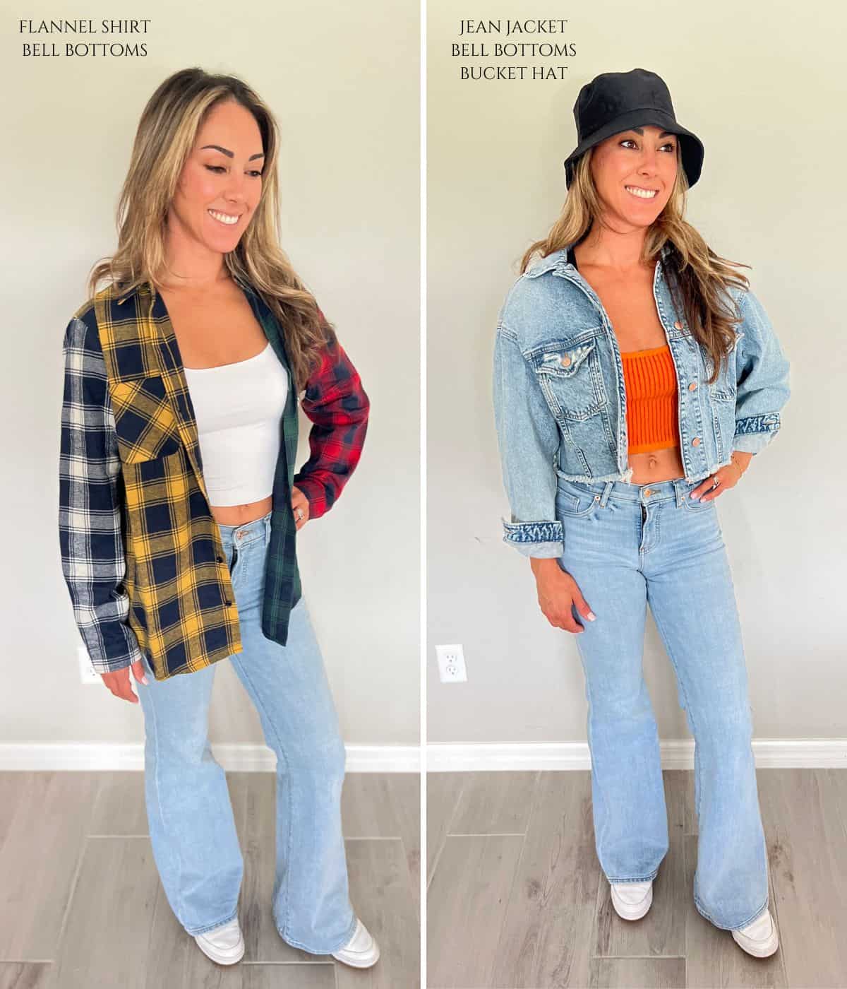 Aleka in a flannel top with jeans and a jean jacket.