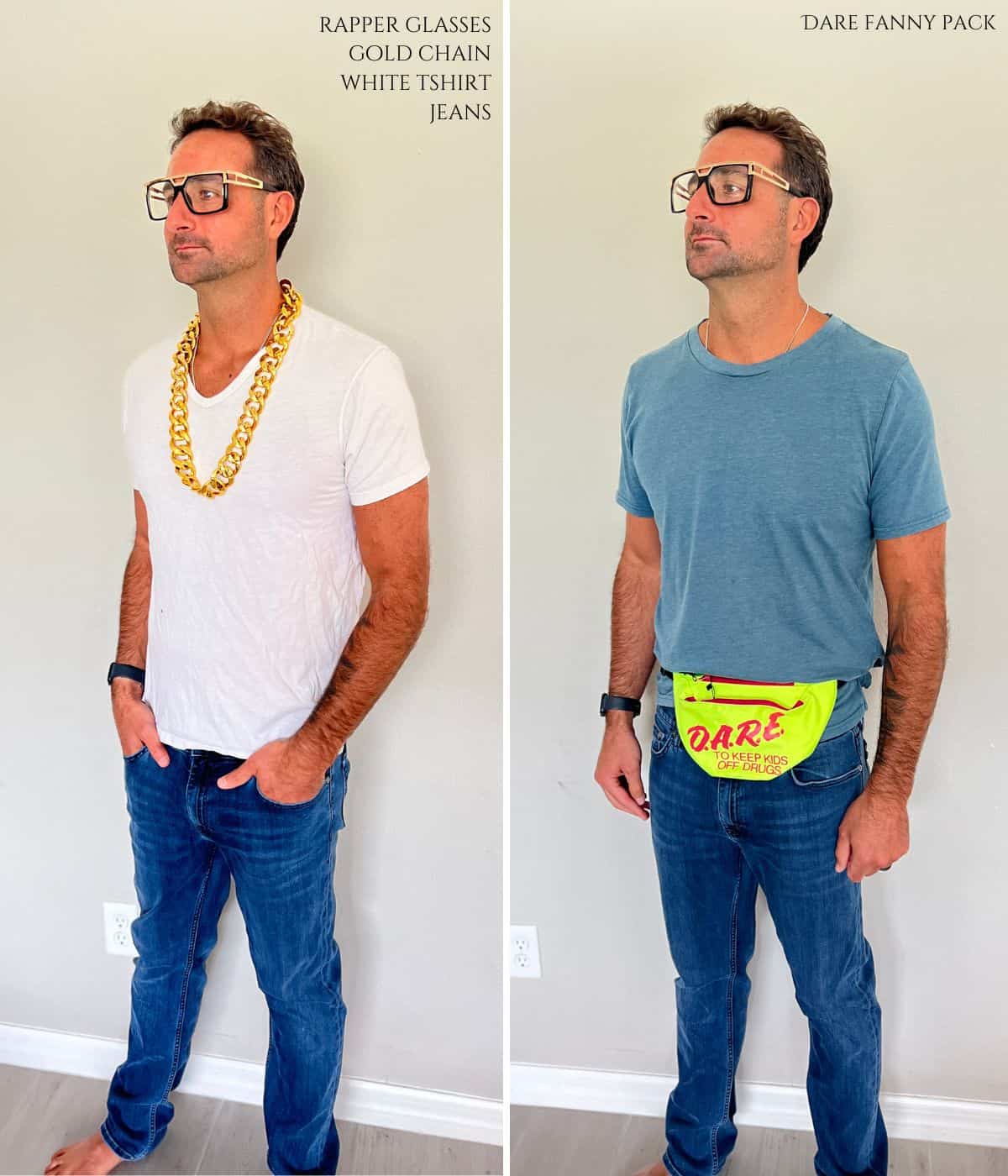 Derek wearing a gold chain necklace, glasses, and a dare fanny pack.